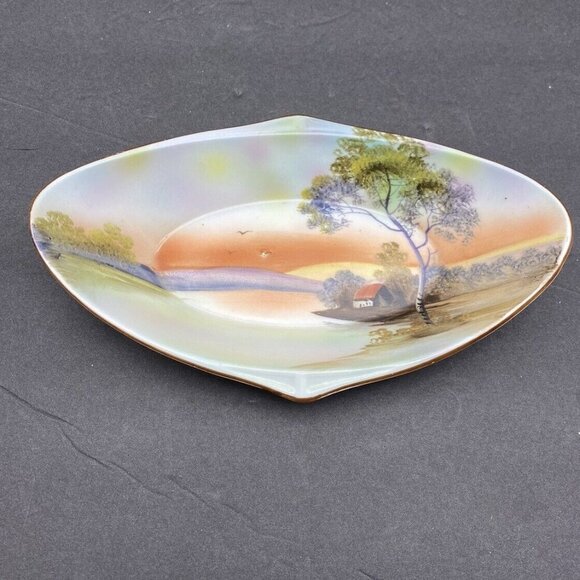 Vintage Noritake Celery Dish Hand Painted House Lake Japan Oblong Decorative - Picture 2 of 13